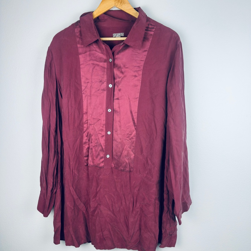 J. Jill 100% Silk Burgundy Satin Bib Long Sleeve Tunic Blouse 2X 123387